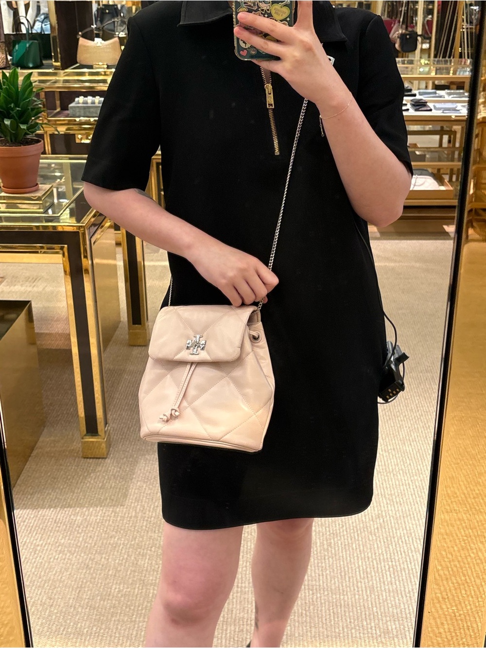 Tory Burch Kira Diamond Quilted Small Backpack/ Crossbody Bag in Soft Beige